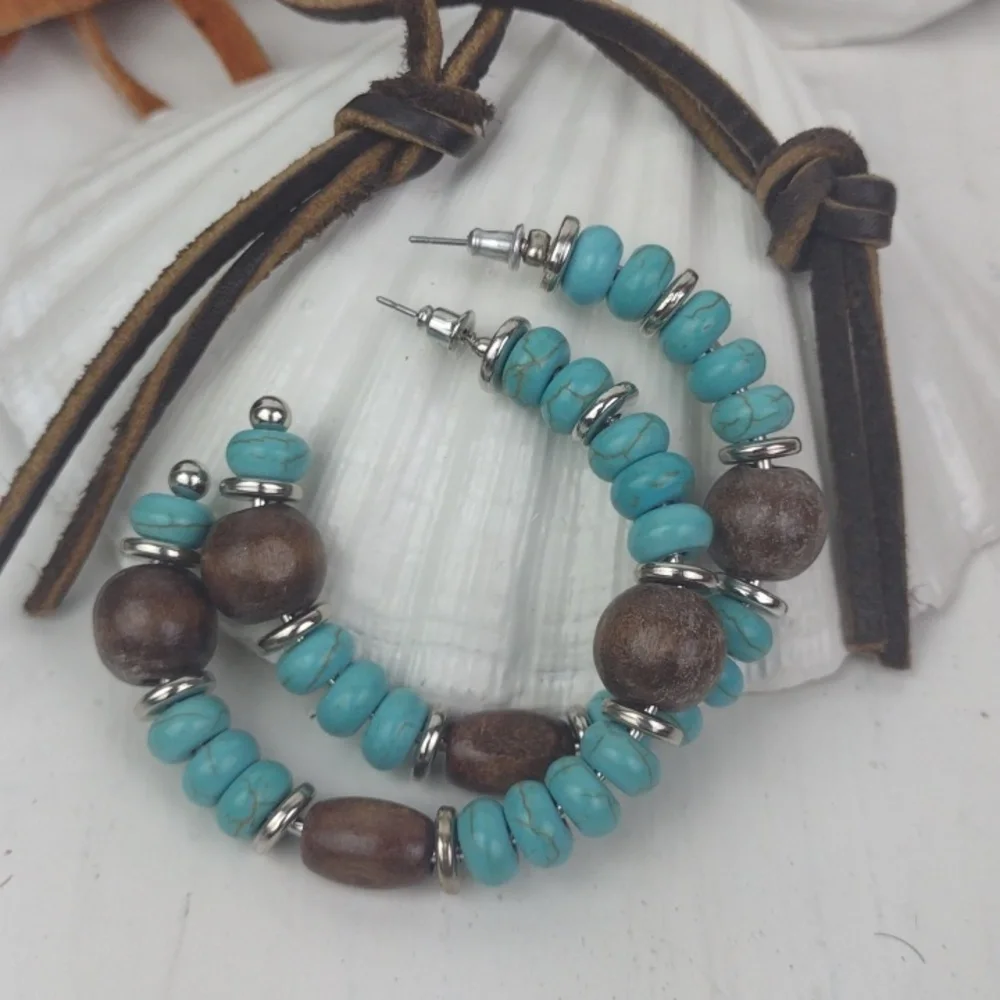 Turquoise Dark Wood & Silver Tone:Beaded Gorgeous Boho Hoop Earrings